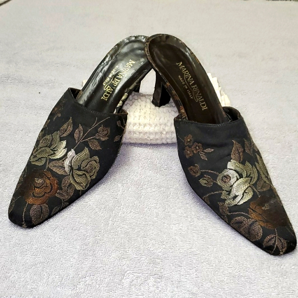 Marina Rinaldi black, silver & bronze silk mules